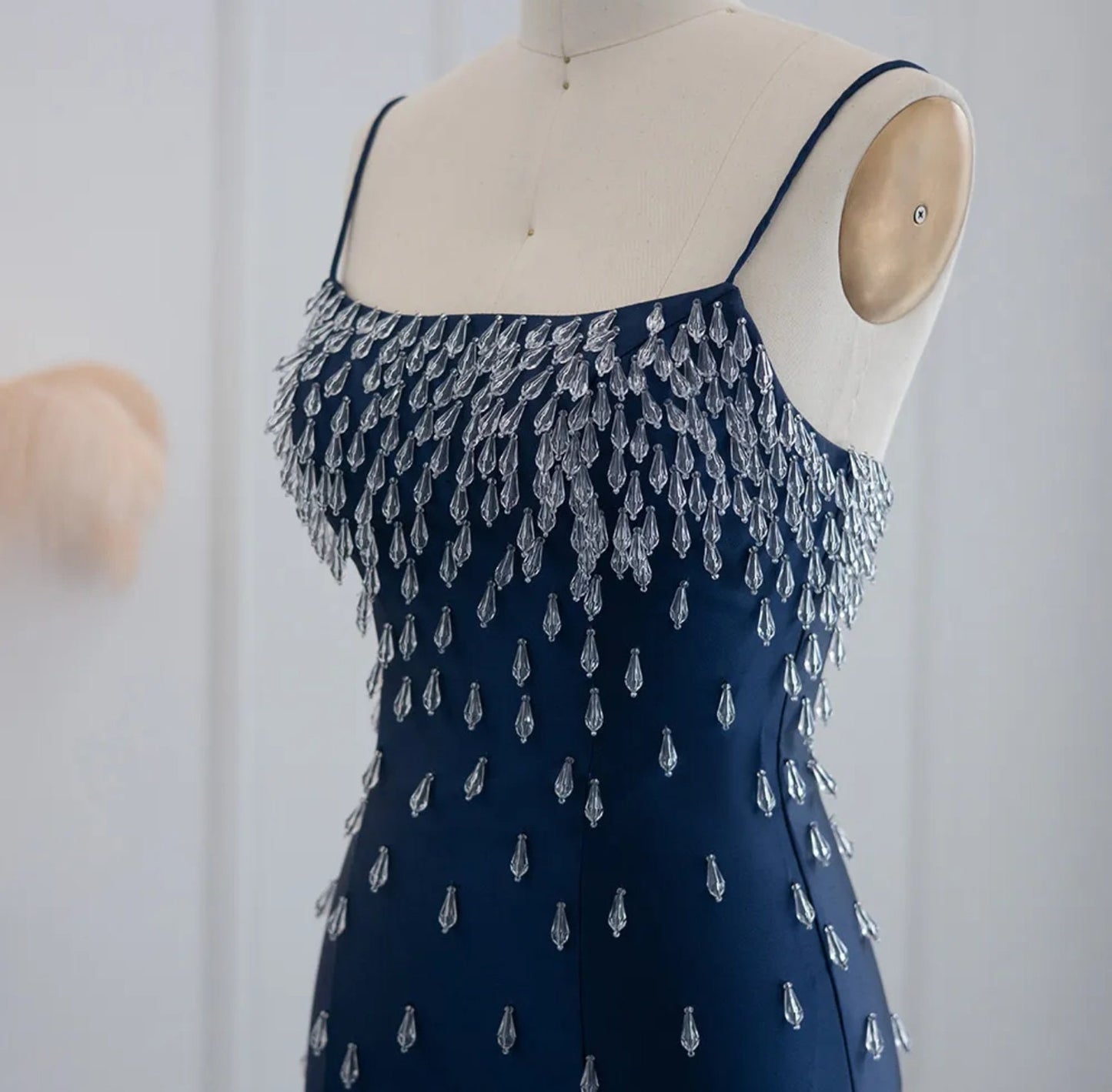 Sleeveless Navy Blue Scattered Dropped Crystal Embellished Midi Length Mother Of The Bride Special Occasion Evening Cocktail Dress