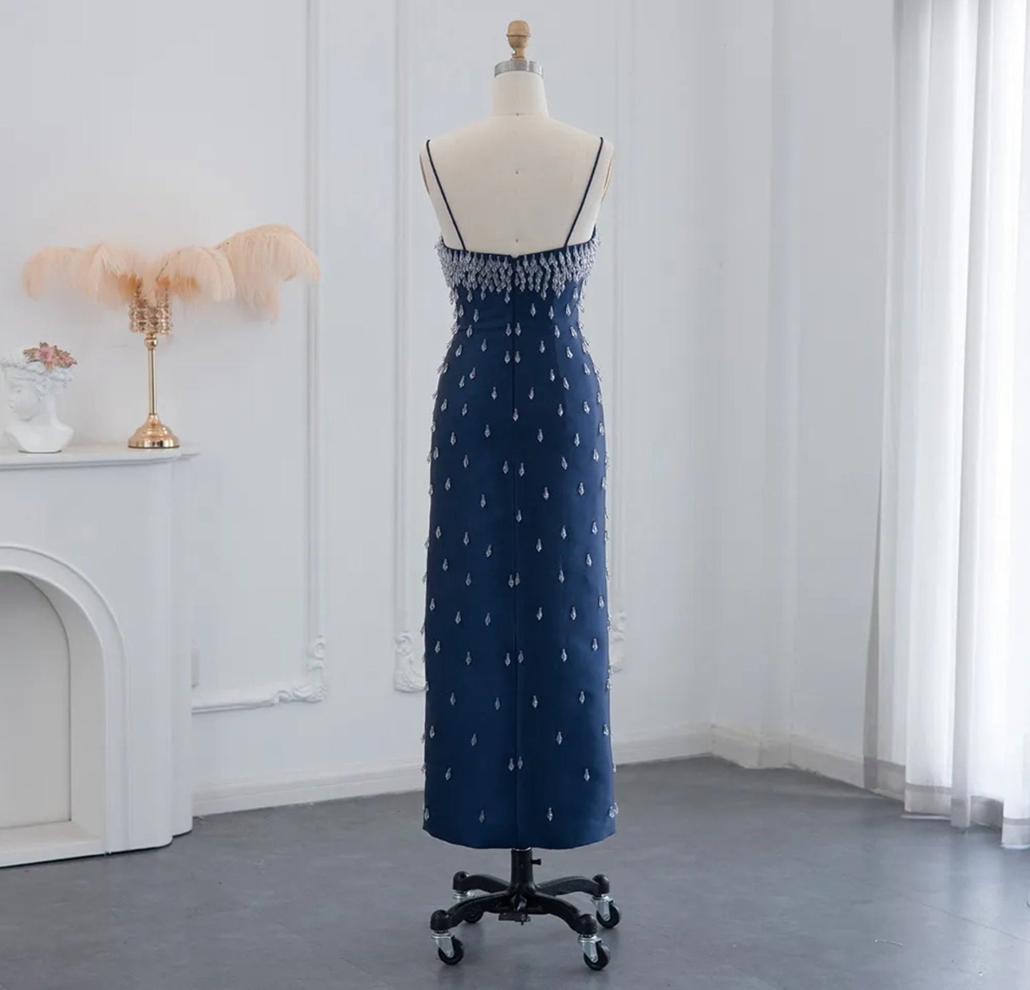Sleeveless Navy Blue Scattered Dropped Crystal Embellished Midi Length Mother Of The Bride Special Occasion Evening Cocktail Dress