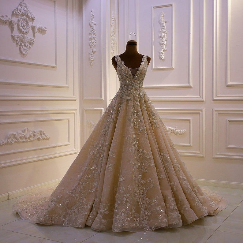 Gorgeous Sleeveless V Neck Floral Embellished Crystal Beaded Sequin Princess Bridal Gown