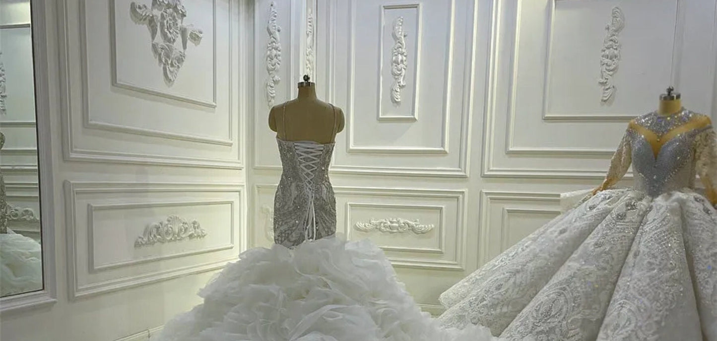 Breathtaking Sleeveless Crystal Beaded Criss-Cross Neckline With Multi Beaded Bodice And Layered Frill Fishtail Gown