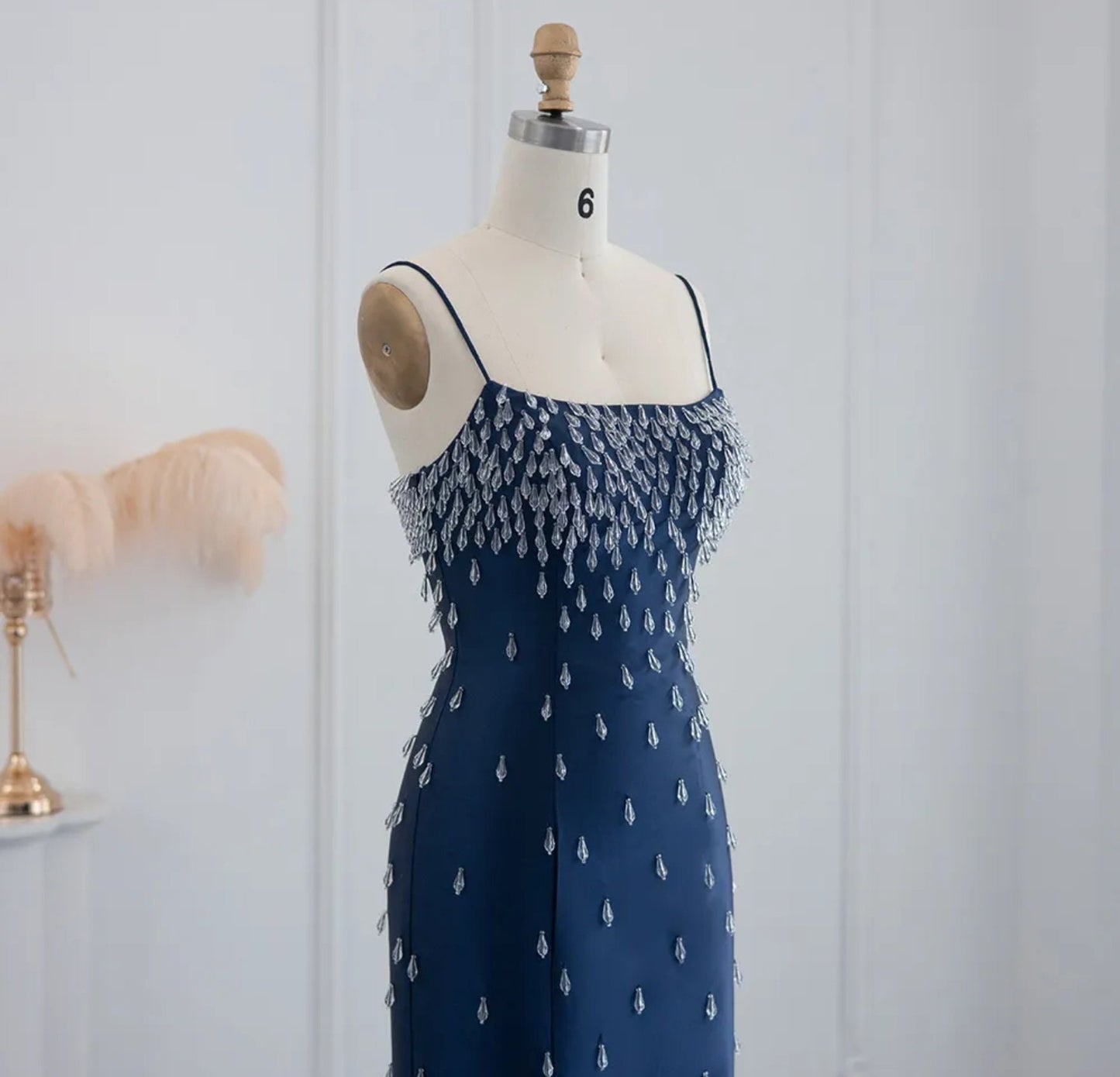 Sleeveless Navy Blue Scattered Dropped Crystal Embellished Midi Length Mother Of The Bride Special Occasion Evening Cocktail Dress