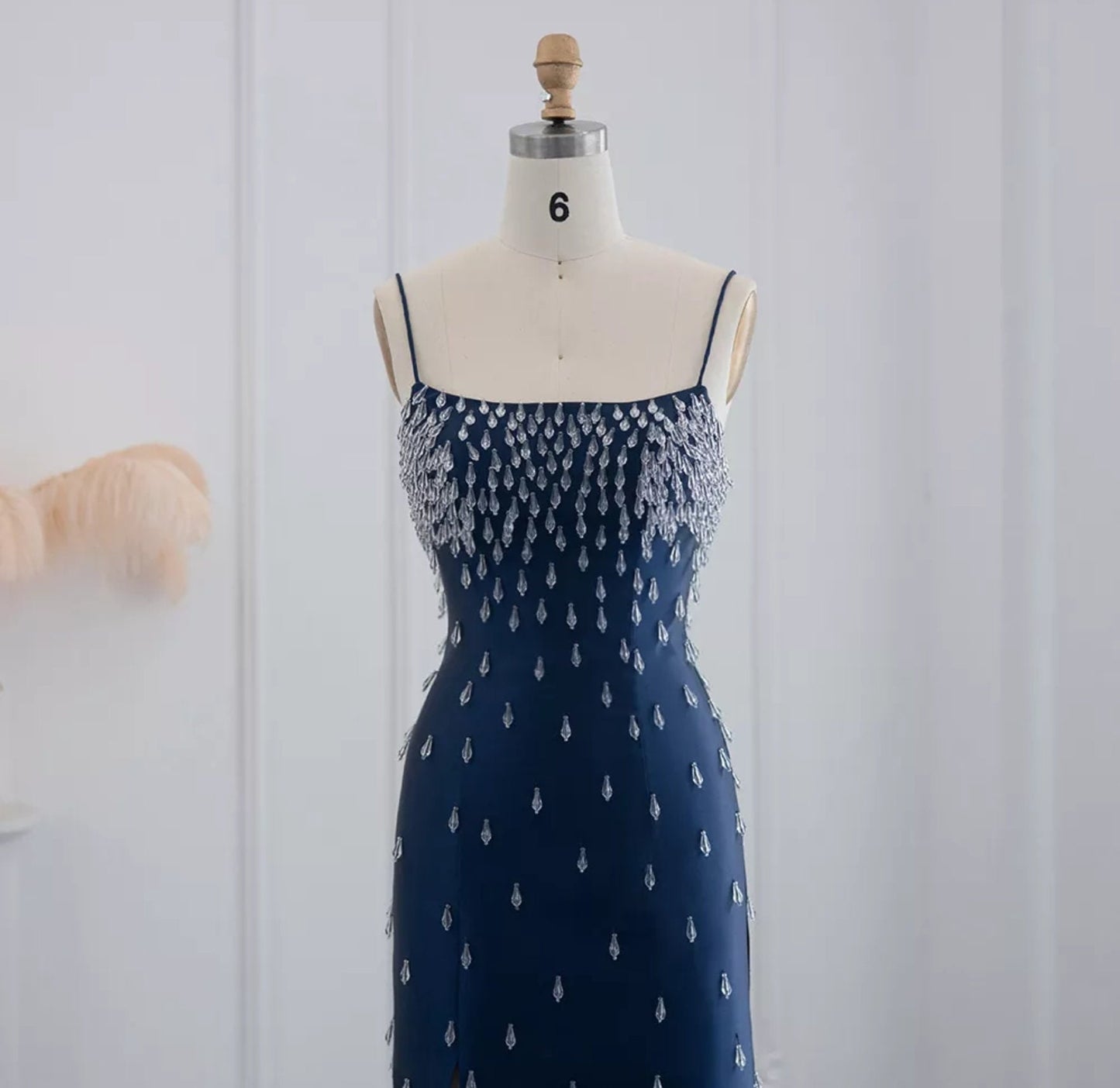 Sleeveless Navy Blue Scattered Dropped Crystal Embellished Midi Length Mother Of The Bride Special Occasion Evening Cocktail Dress