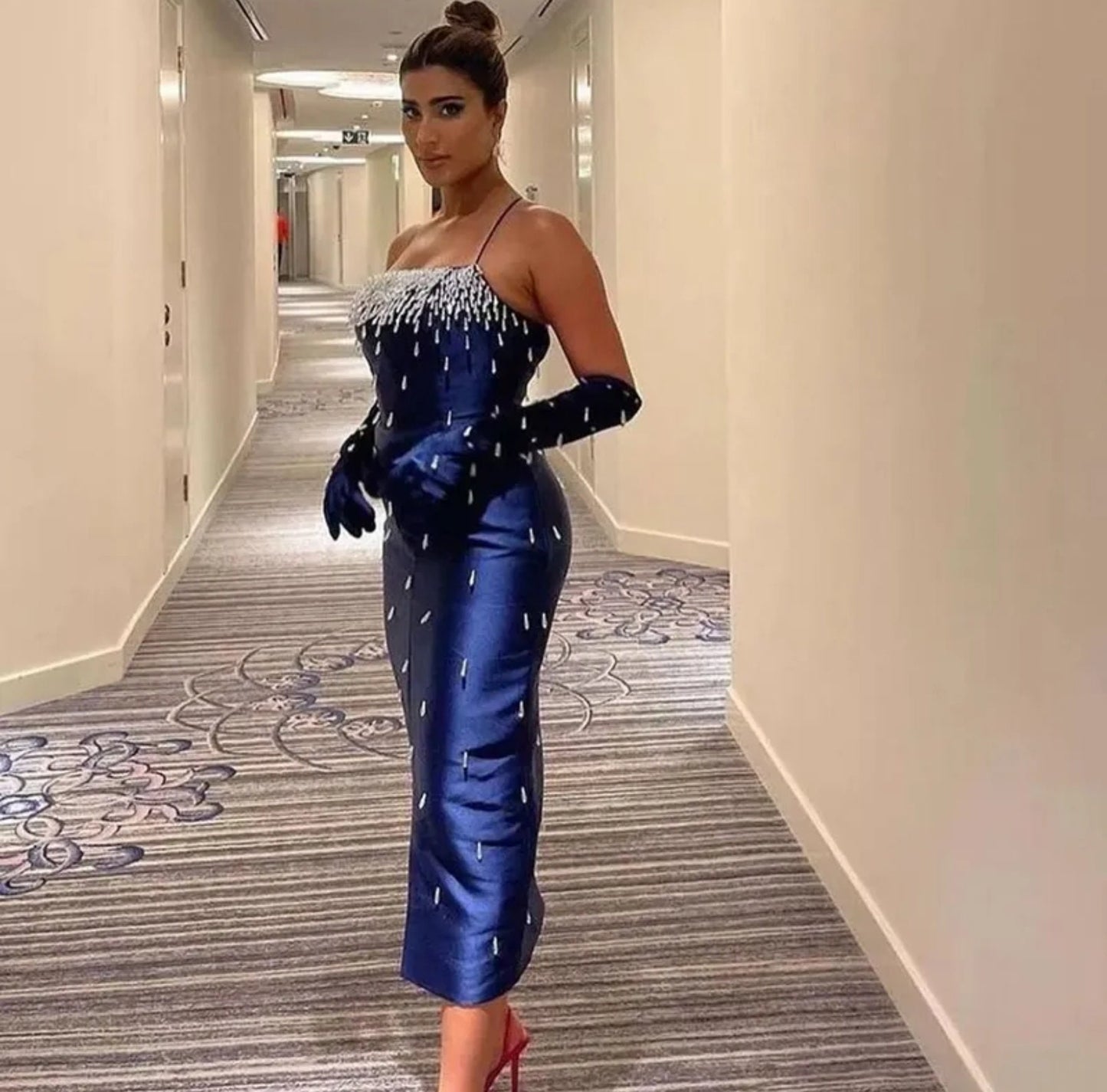 Sleeveless Navy Blue Scattered Dropped Crystal Embellished Midi Length Mother Of The Bride Special Occasion Evening Cocktail Dress