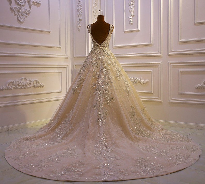 Gorgeous Sleeveless V Neck Floral Embellished Crystal Beaded Sequin Princess Bridal Gown