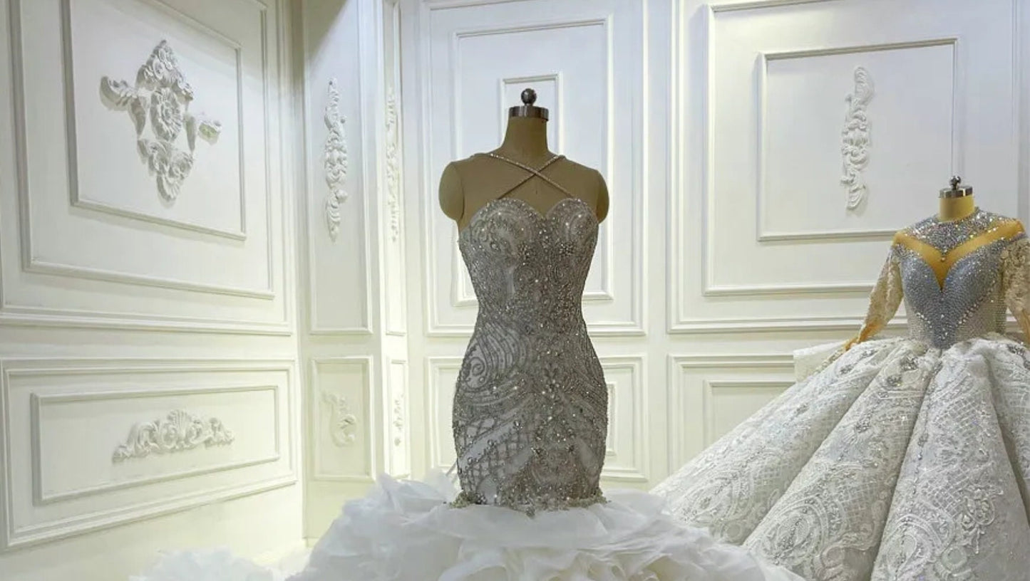 Breathtaking Sleeveless Crystal Beaded Criss-Cross Neckline With Multi Beaded Bodice And Layered Frill Fishtail Gown