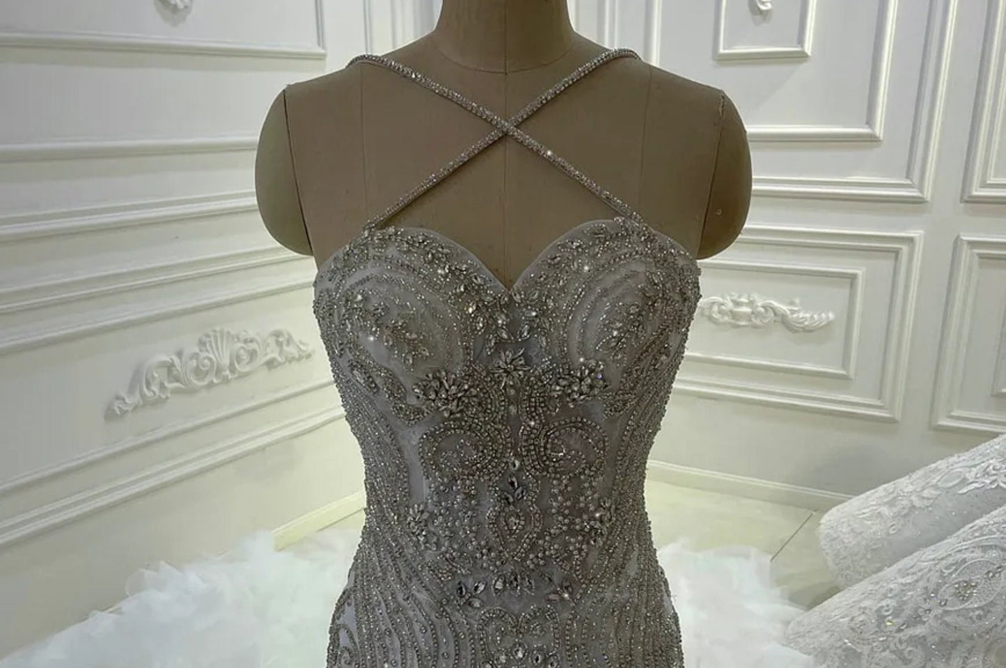 Breathtaking Sleeveless Crystal Beaded Criss-Cross Neckline With Multi Beaded Bodice And Layered Frill Fishtail Gown