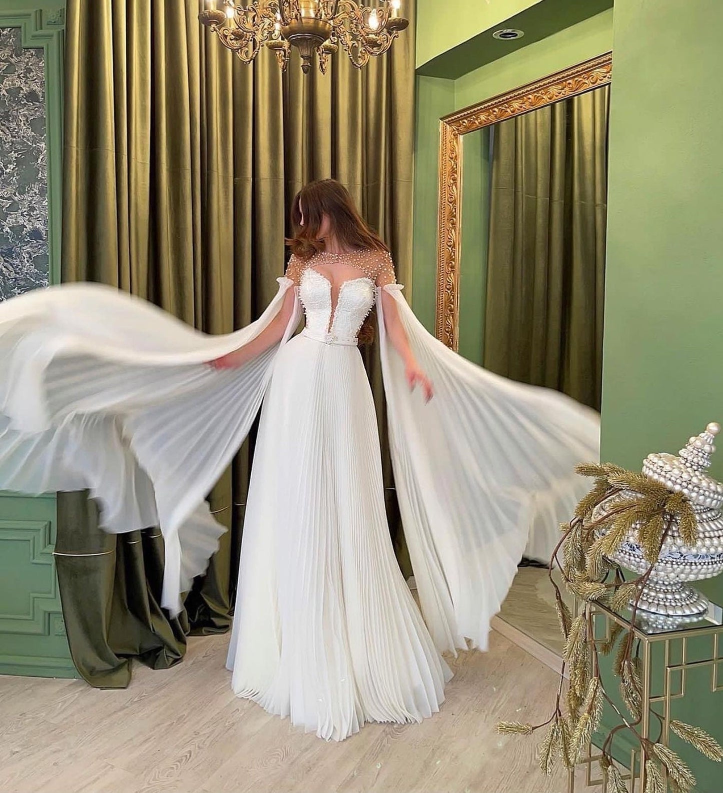 Detached Pleated Bicep Floor Length Trailing Satin Sleeves