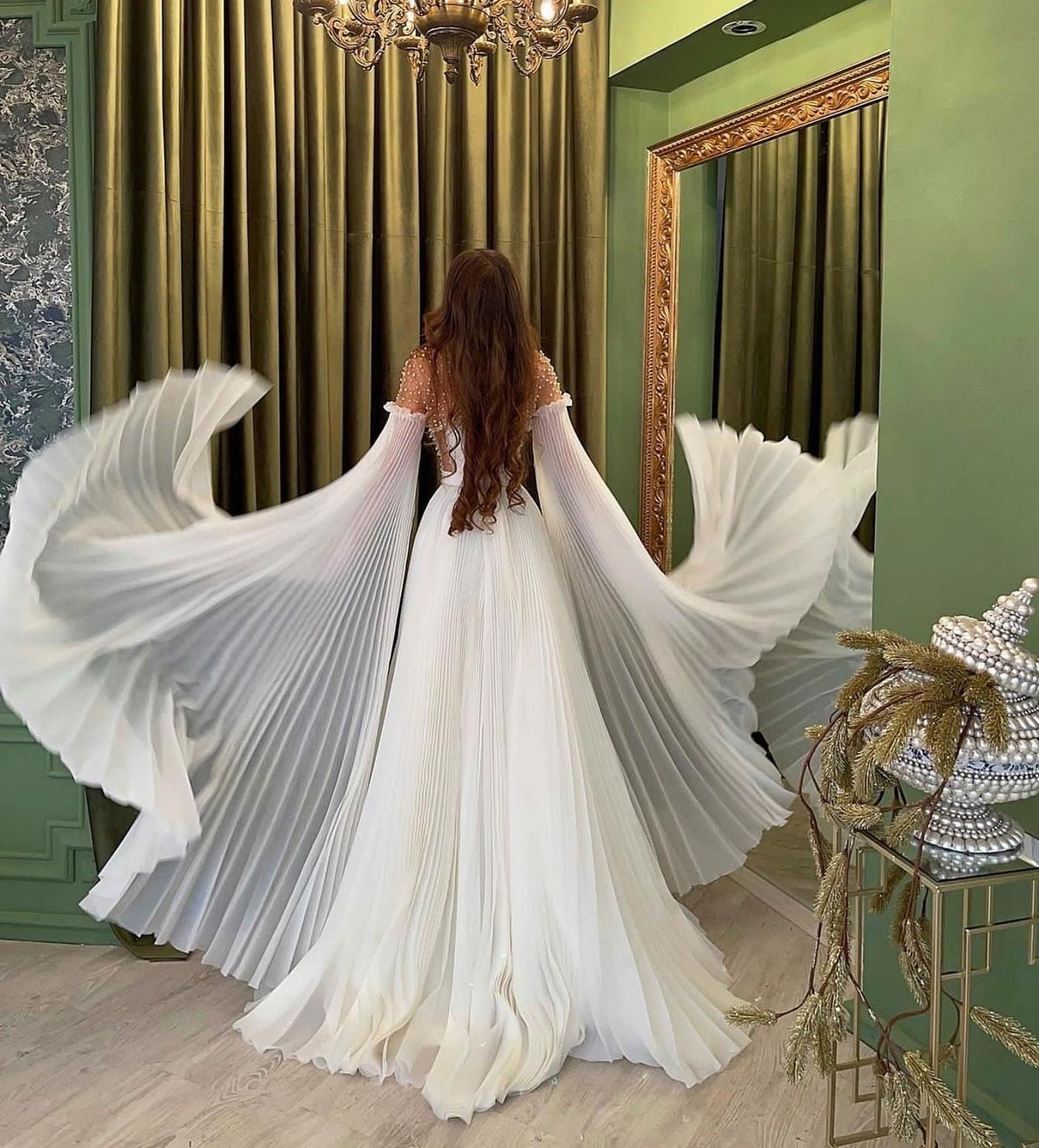 Detached Pleated Bicep Floor Length Trailing Satin Sleeves