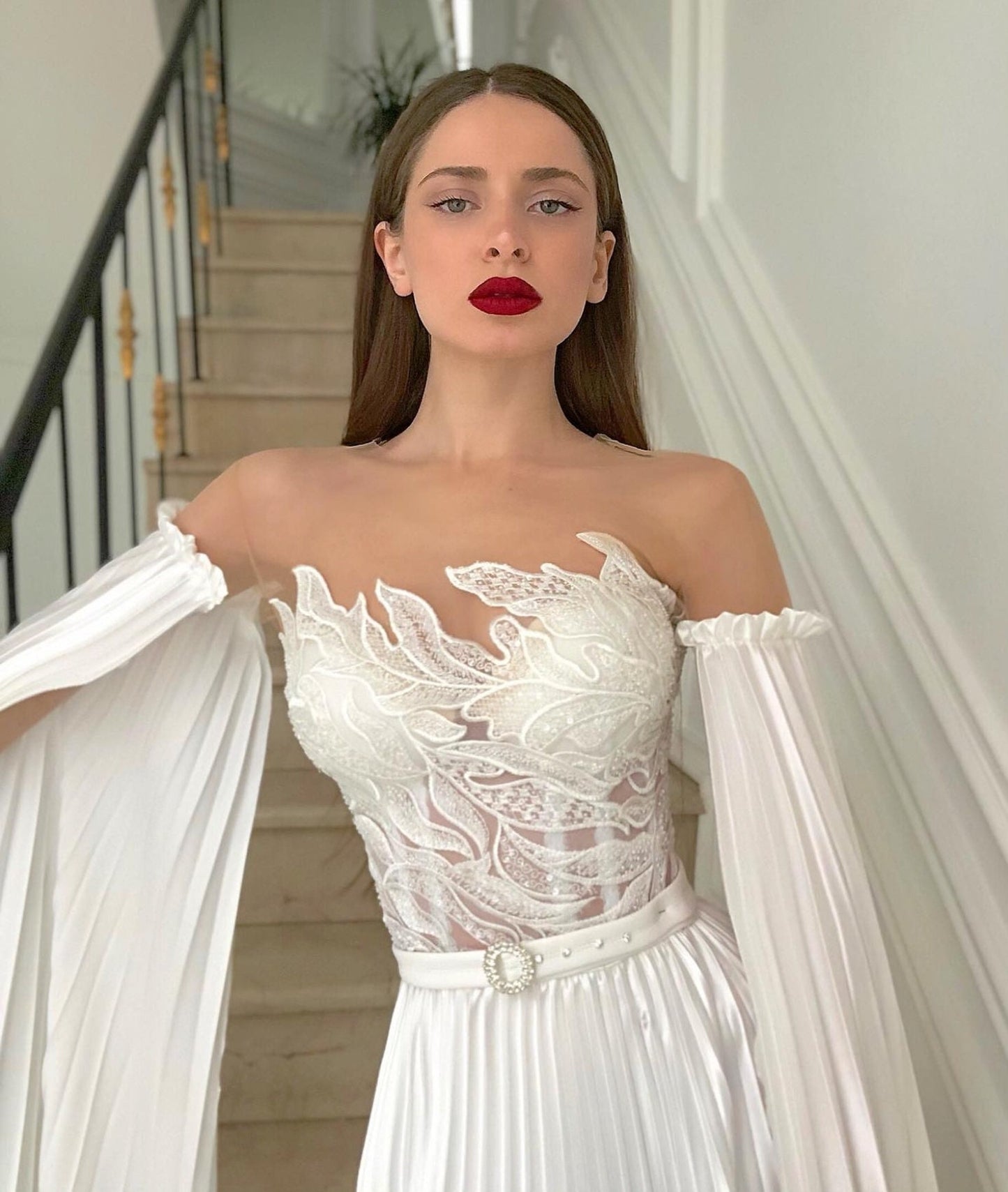 Detached Pleated Bicep Floor Length Trailing Satin Sleeves