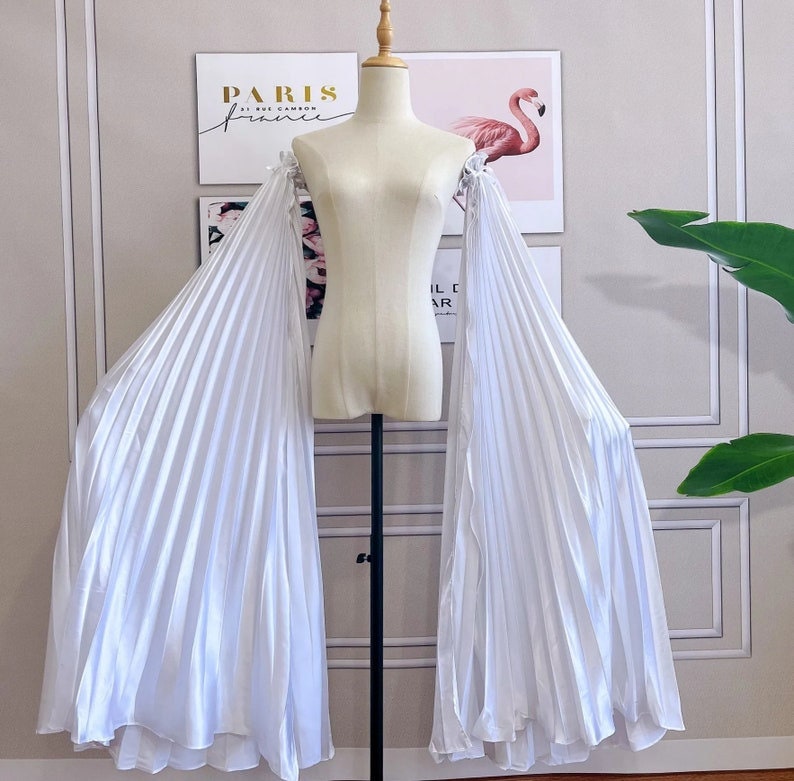 Detached Pleated Bicep Floor Length Trailing Satin Sleeves