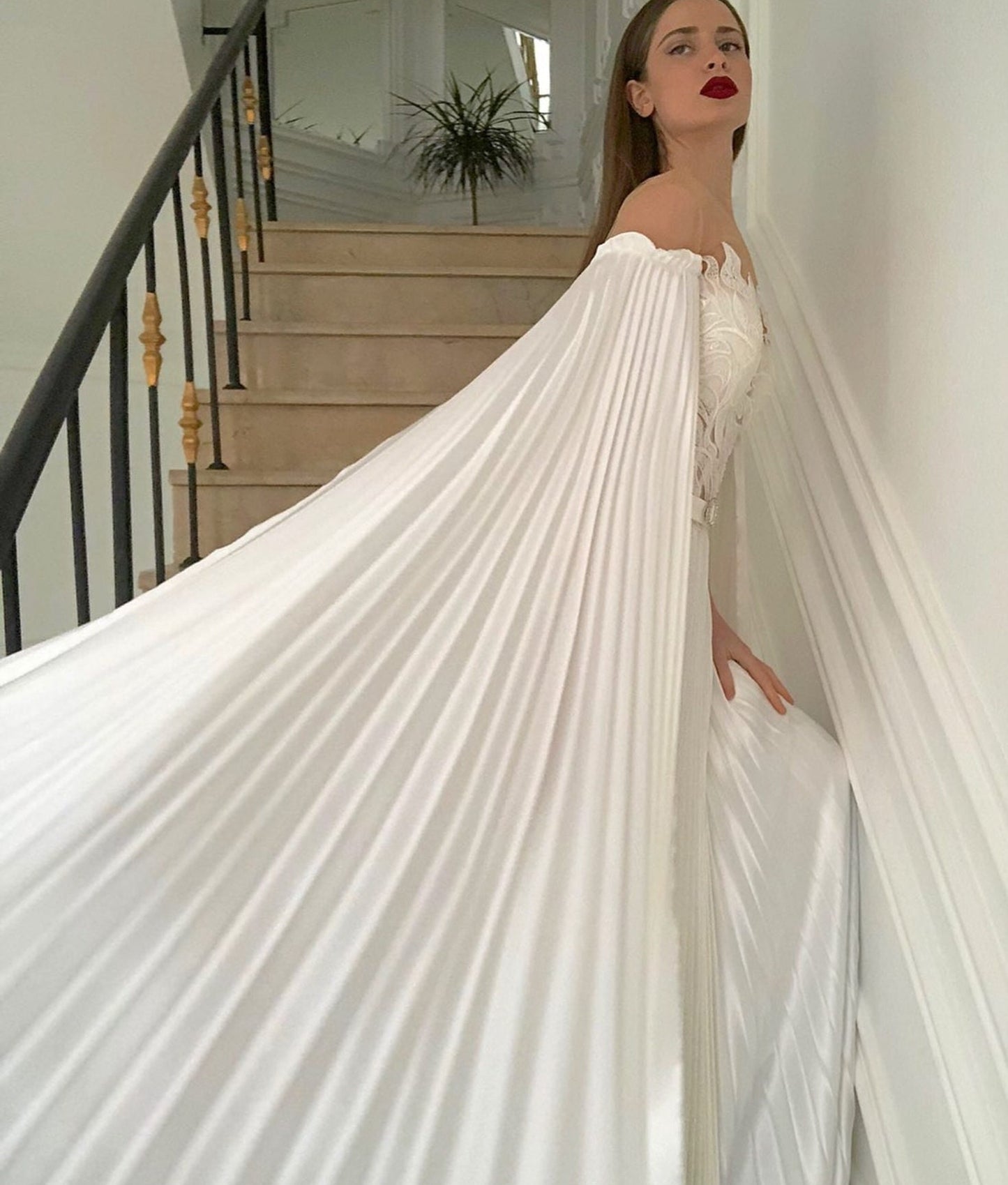 Detached Pleated Bicep Floor Length Trailing Satin Sleeves