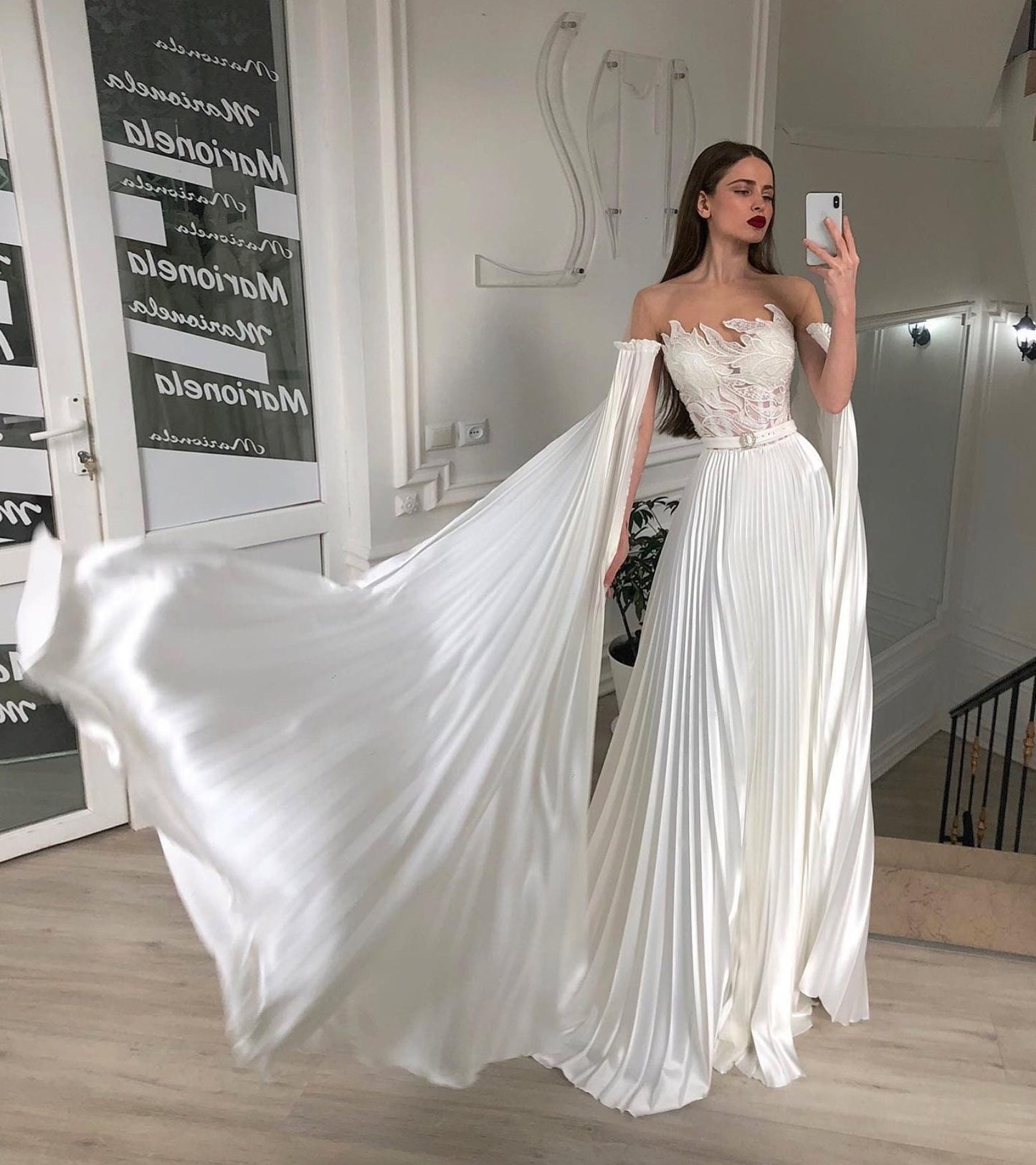 Detached Pleated Bicep Floor Length Trailing Satin Sleeves