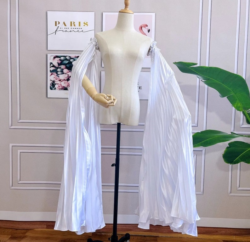 Detached Pleated Bicep Floor Length Trailing Satin Sleeves