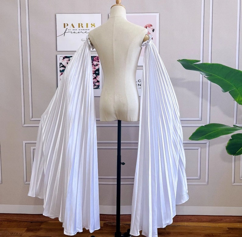 Detached Pleated Bicep Floor Length Trailing Satin Sleeves