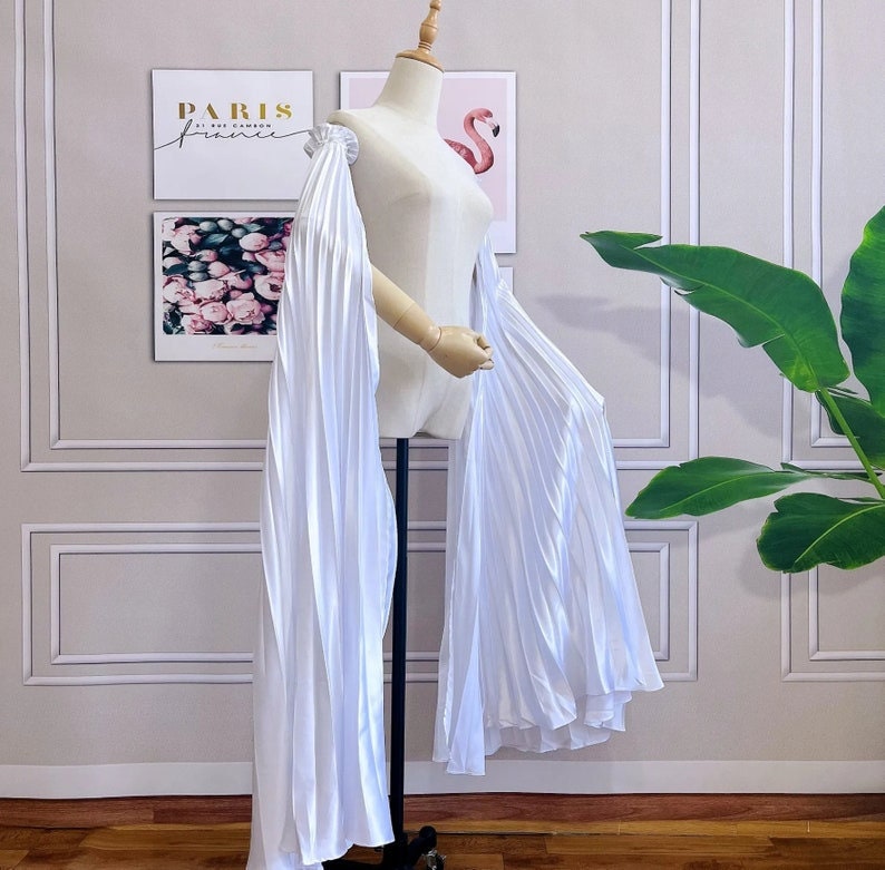 Detached Pleated Bicep Floor Length Trailing Satin Sleeves