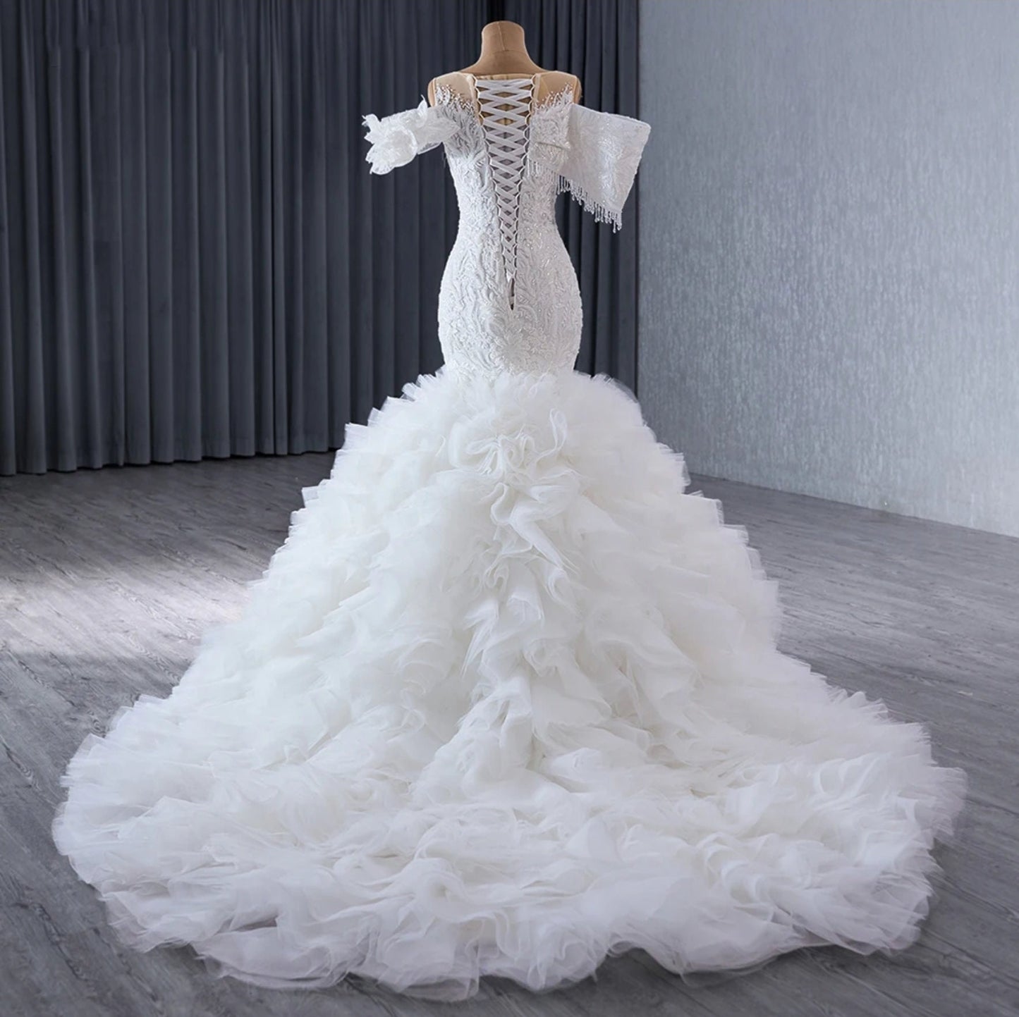 Beaded Floral Lace Off The Shoulder Crystal Beaded Illusion Crystal Beaded Drop Detail Trumpet Gown & Detached Ruffle Layered Hem Train