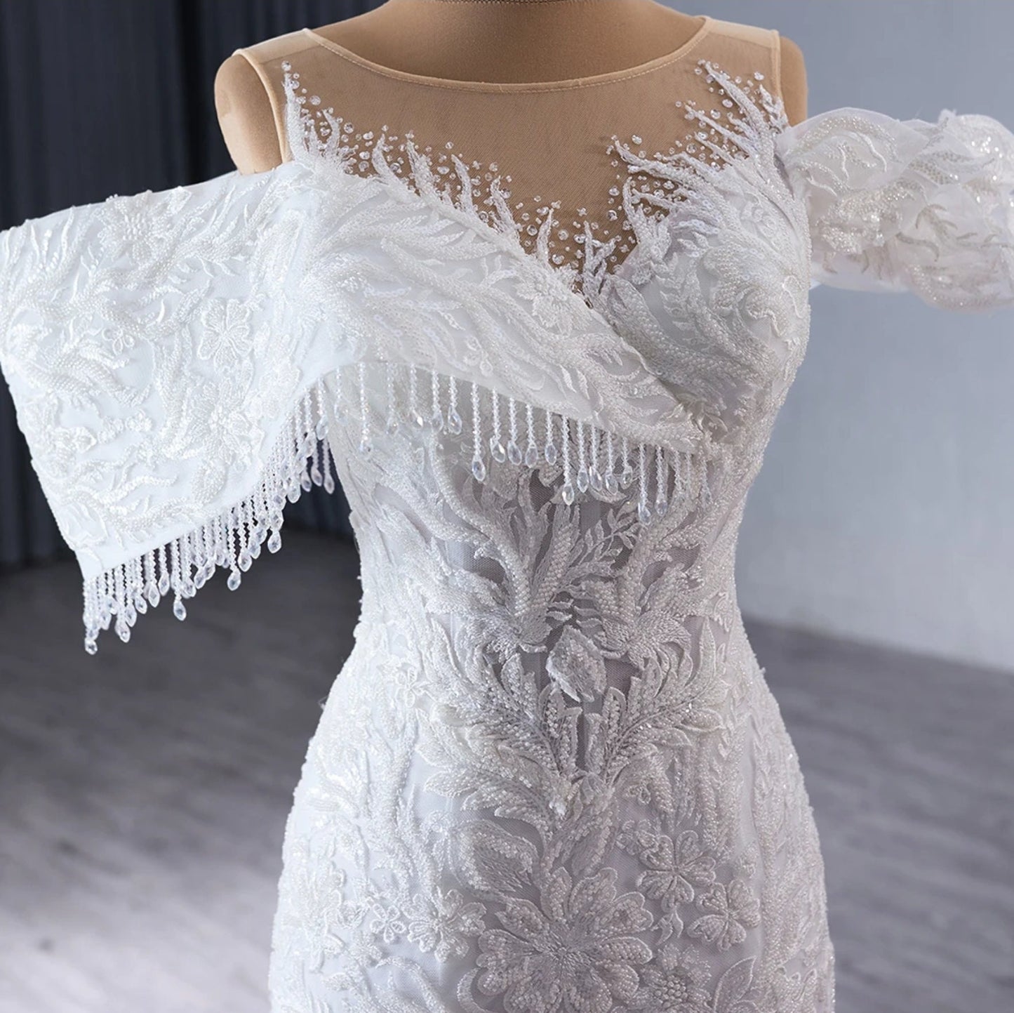 Beaded Floral Lace Off The Shoulder Crystal Beaded Illusion Crystal Beaded Drop Detail Trumpet Gown & Detached Ruffle Layered Hem Train