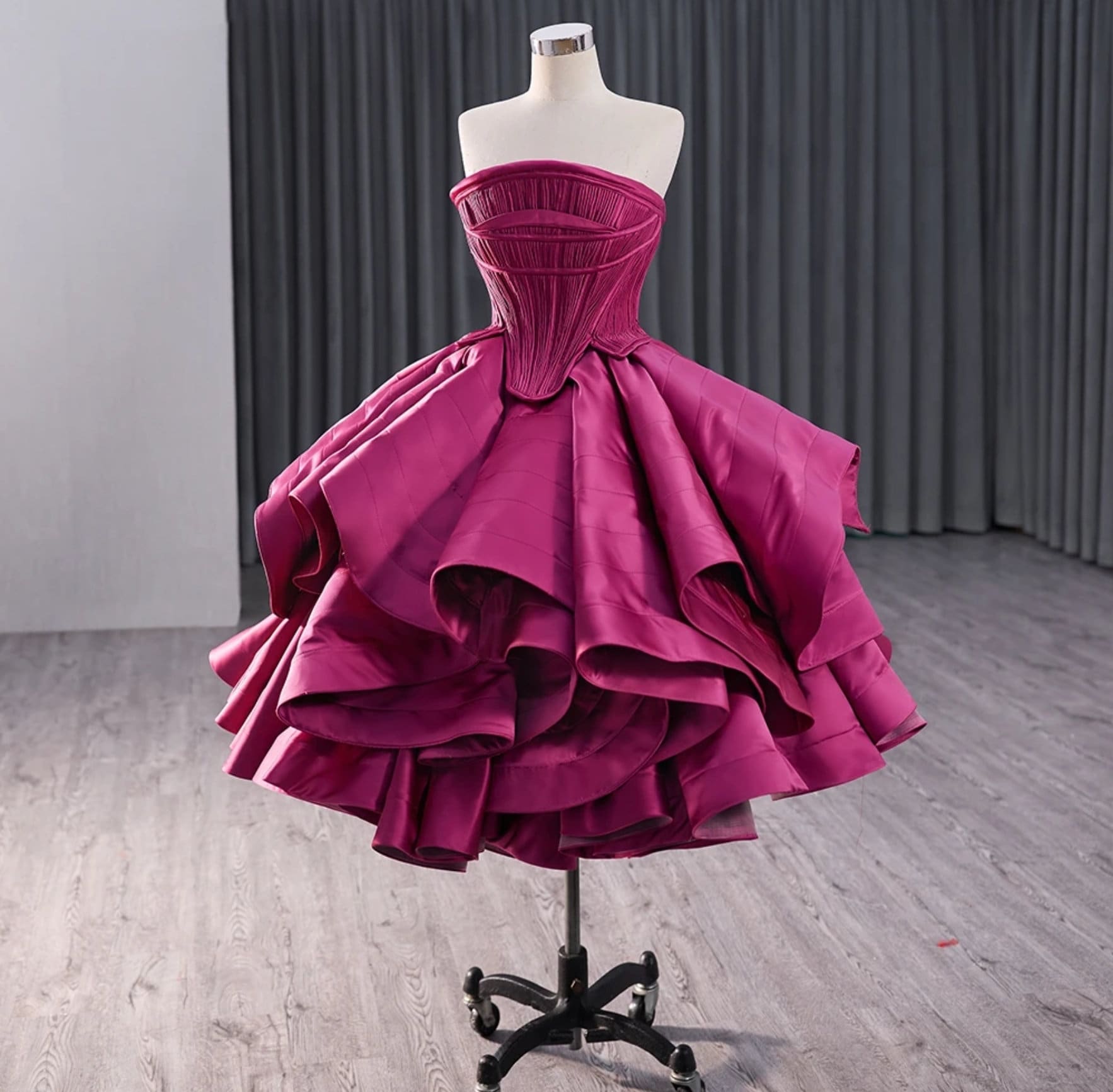 Knee Length Strapless Ruched Pleated Corset Bodice Layered Satin Speci WenLeeBridal Knee Length Strapless Ruched Pleated Corset Bodice Layered Satin Speci WenLeeBridal