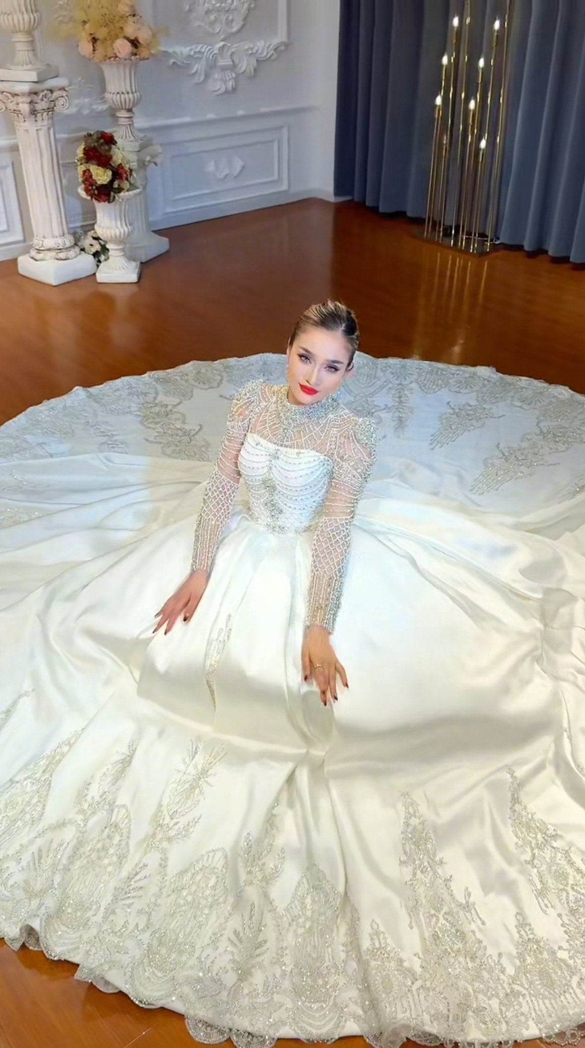 Beautiful Elegant Luxury Multi Beaded Long Sleeve Mid Neck Princess Br WenLeeBridal Beautiful Elegant Luxury Multi Beaded Long Sleeve Mid Neck Princess Br WenLeeBridal