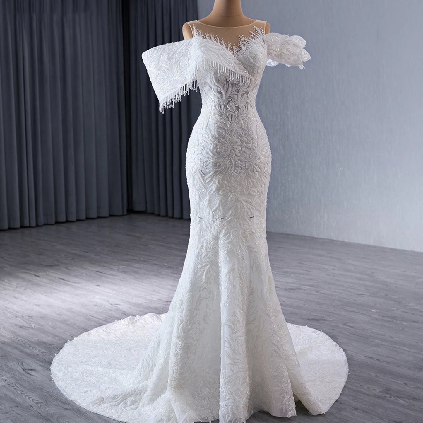 Beaded Floral Lace Off The Shoulder Crystal Beaded Illusion Crystal Beaded Drop Detail Trumpet Gown & Detached Ruffle Layered Hem Train