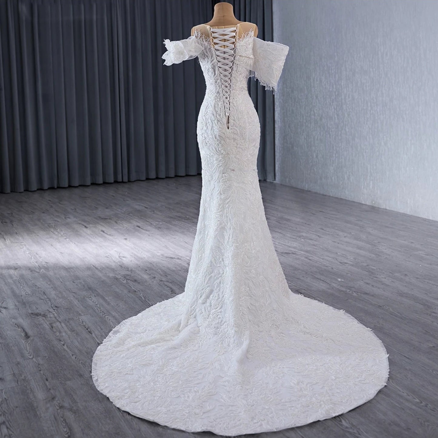 Beaded Floral Lace Off The Shoulder Crystal Beaded Illusion Crystal Beaded Drop Detail Trumpet Gown & Detached Ruffle Layered Hem Train