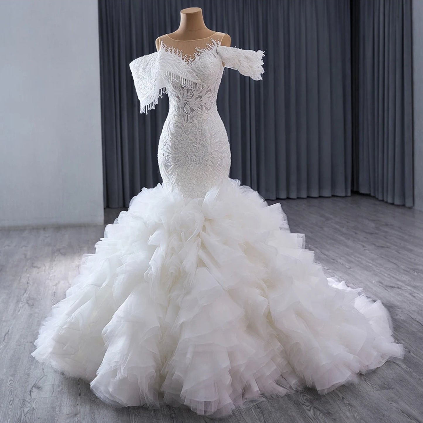 Beaded Floral Lace Off The Shoulder Crystal Beaded Illusion Crystal Beaded Drop Detail Trumpet Gown & Detached Ruffle Layered Hem Train