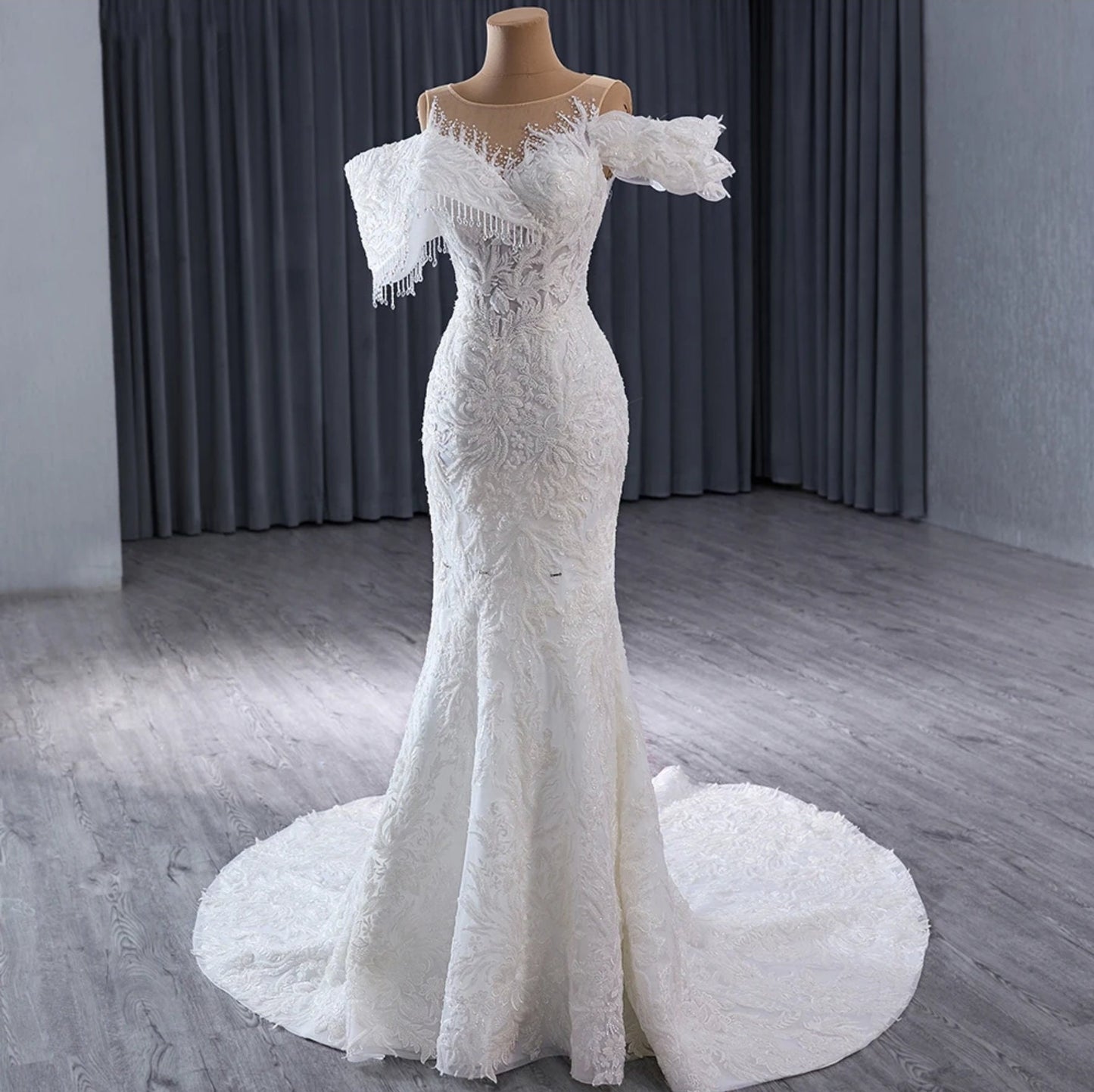 Beaded Floral Lace Off The Shoulder Crystal Beaded Illusion Crystal Beaded Drop Detail Trumpet Gown & Detached Ruffle Layered Hem Train