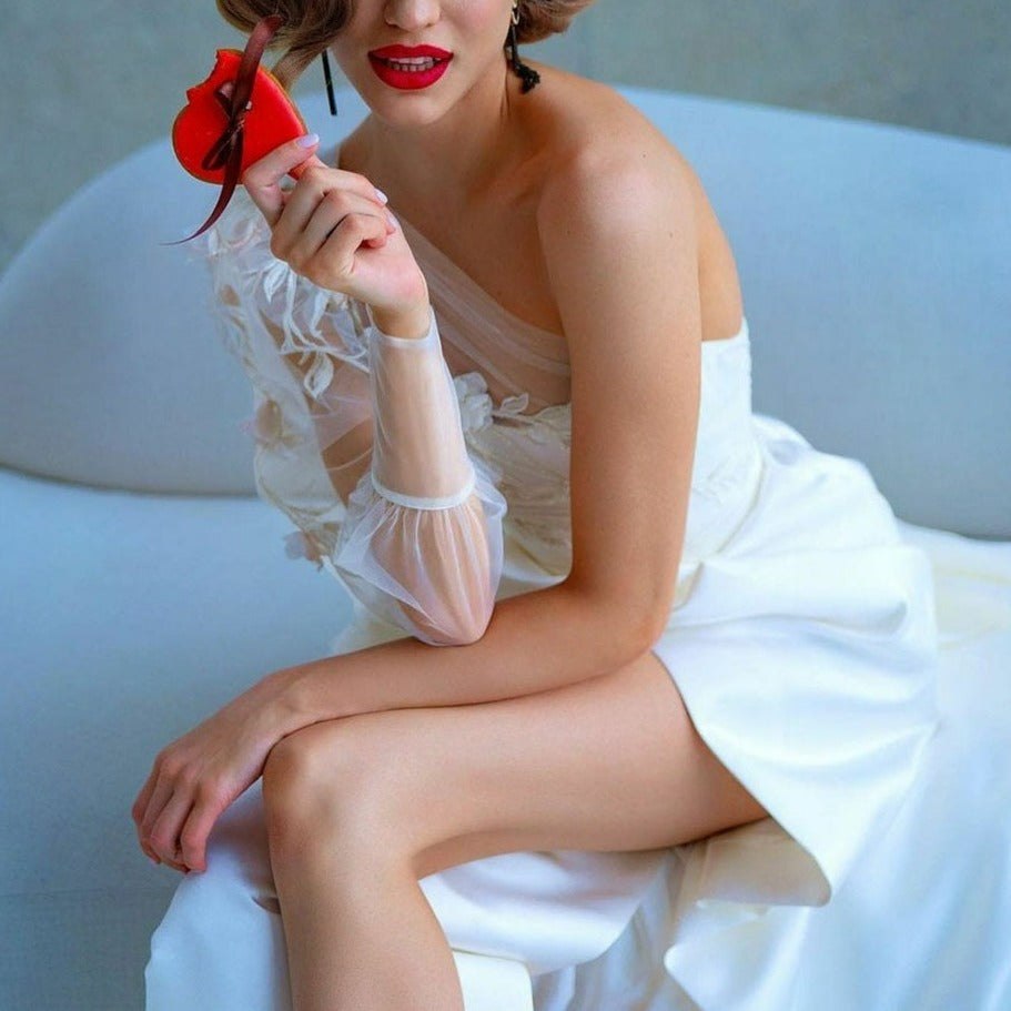 One Shoulder Sheer Floral Vine Satin Slit Dress