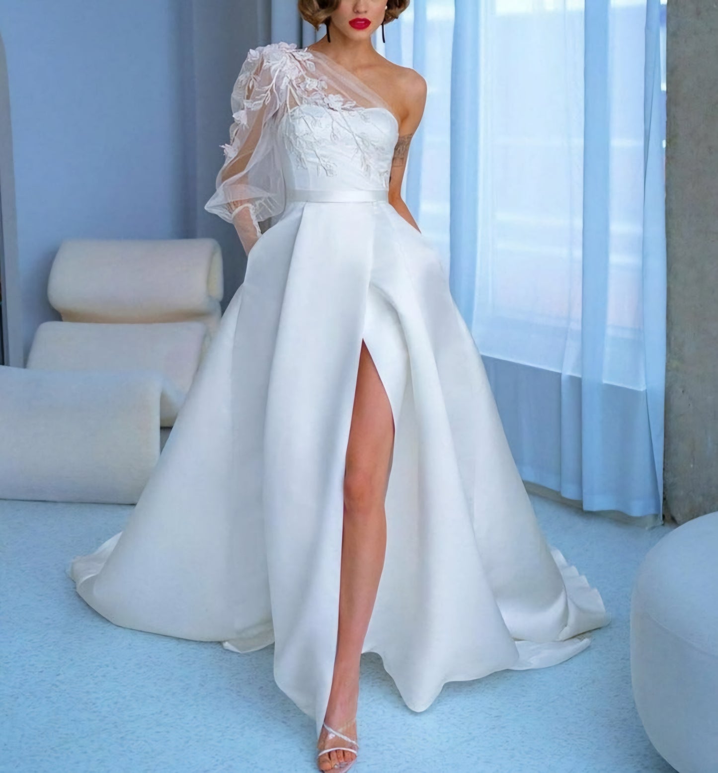 One Shoulder Sheer Floral Vine Satin Slit Dress