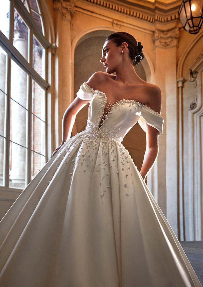 Sweeping Satin Off The Shoulder Scattered Pearl Beaded Plunging Sweetheart Neckline Bridal A-Line Ball Gown