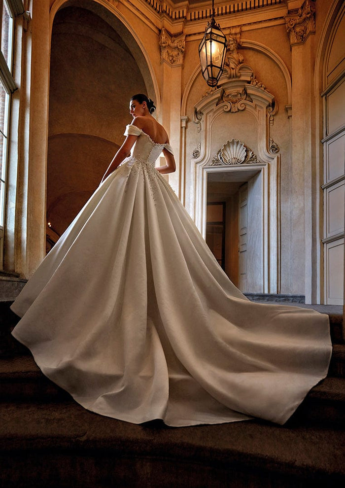 Sweeping Satin Off The Shoulder Scattered Pearl Beaded Plunging Sweetheart Neckline Bridal A-Line Ball Gown