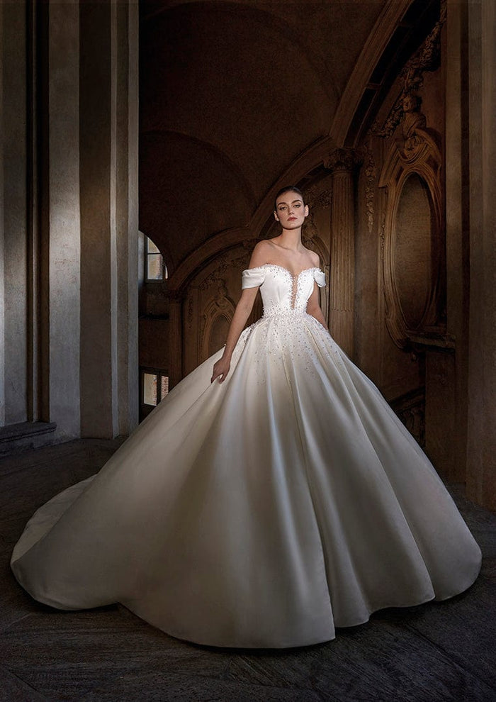 Sweeping Satin Off The Shoulder Scattered Pearl Beaded Plunging Sweetheart Neckline Bridal A-Line Ball Gown