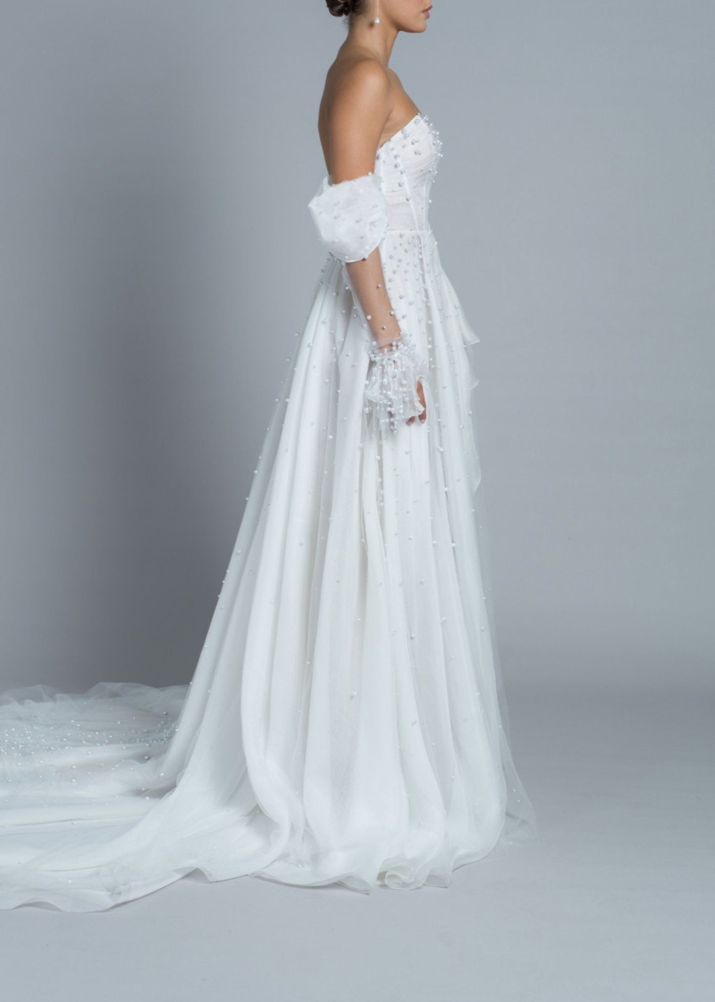Detached 3/4 Elegant Pearl Beaded Sheer Draped Sleeves