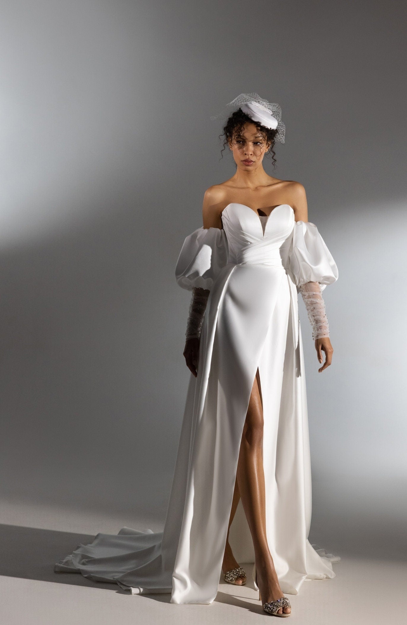 Detached Satin Bicep Balloon Sheer Embellished Rhinestone Sleeves