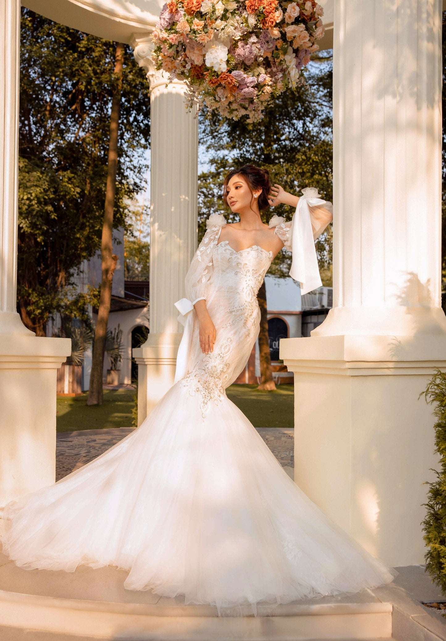 Detached Floral Tulle & Vine Sleeves With Satin Bow Knot Wrist Accents