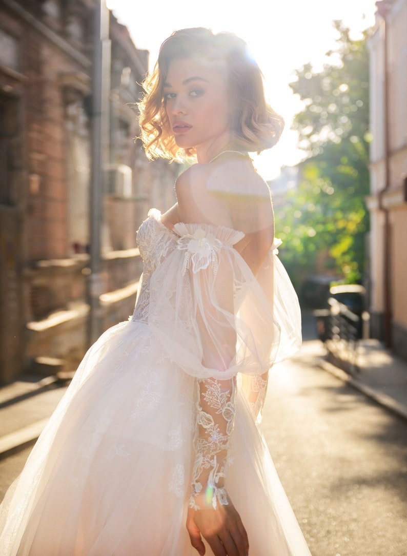 Detached Tulle Frill Floral Appliqué Bicep & Lace Sleeves