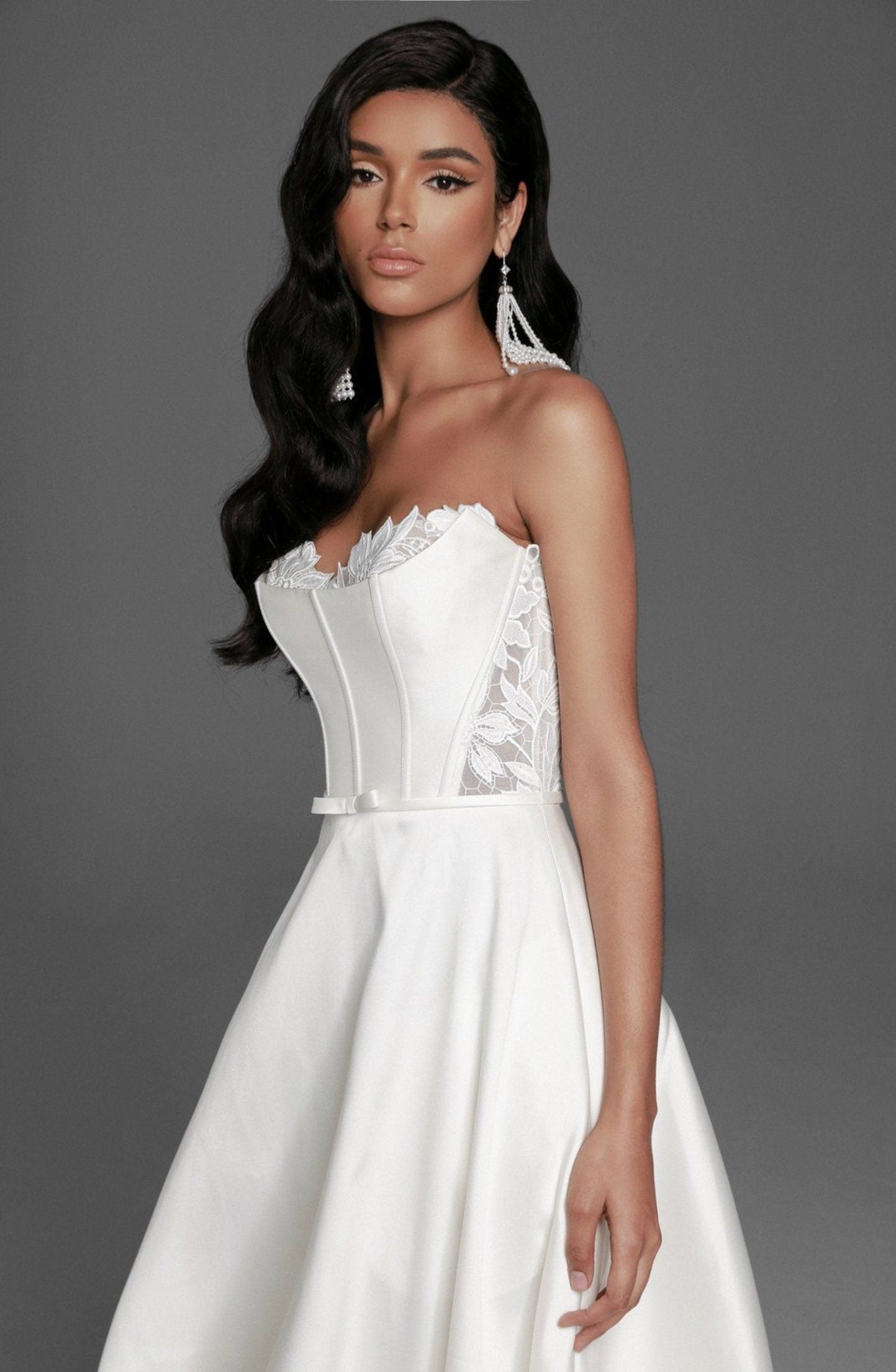 Beautiful Floral Lattice Corset Style Bodice With Petite Bow Knot Waistline And Floral Lattice Hem Trimmed Gown