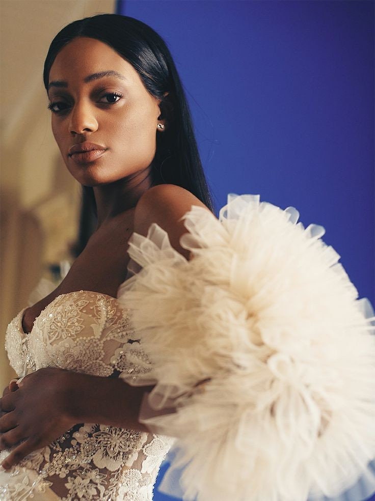 Detached Half Sleeve Ruched & Ruffled Tulle Sleeves
