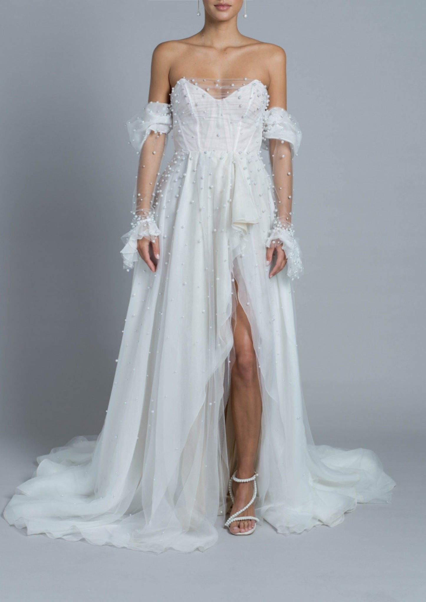 Detached 3/4 Elegant Pearl Beaded Sheer Draped Sleeves