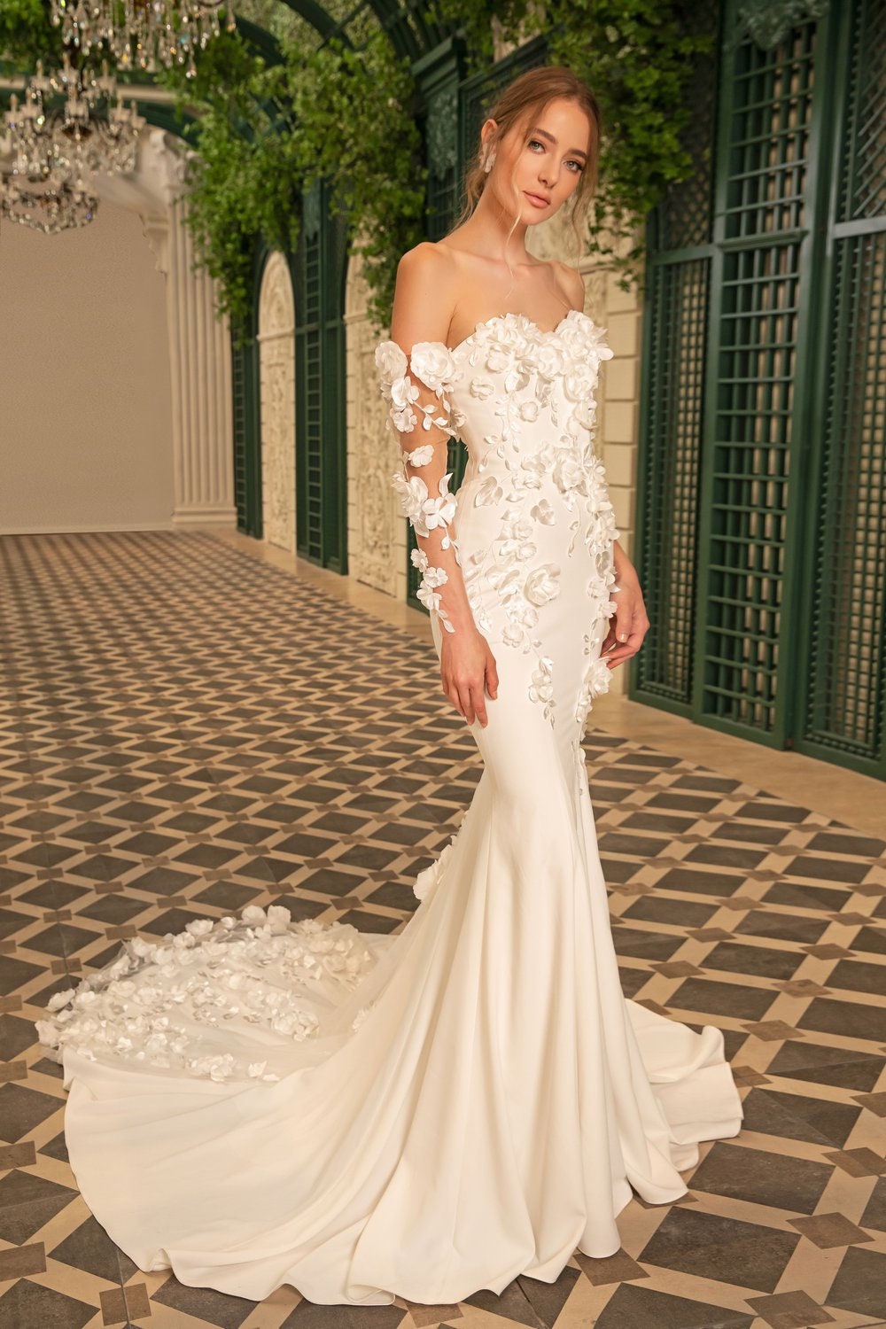 Exquisite And Bold 3D Floral Lace Sweetheart Strapless Trumpet Gown With Detached Matching Sheer Fitted Sleeves