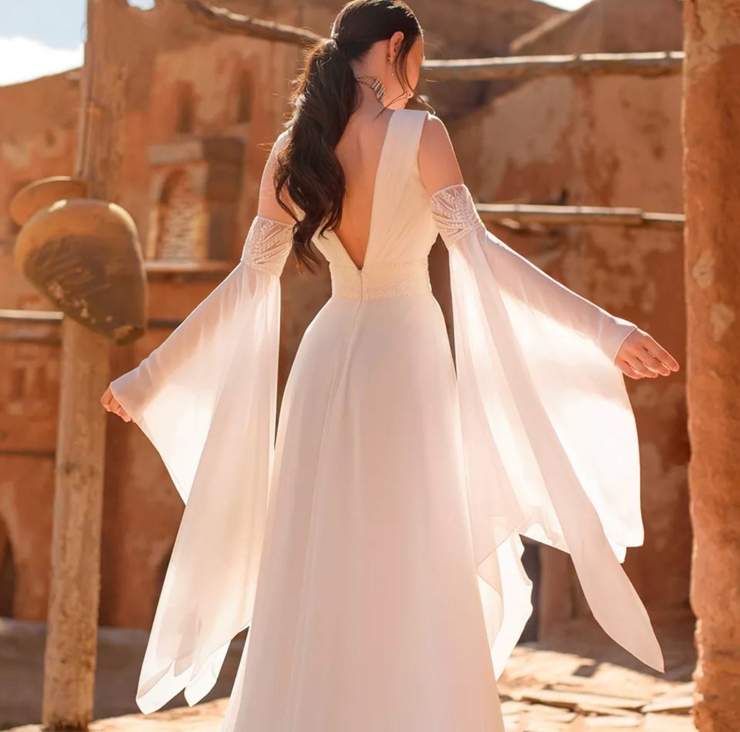 Detached Chiffon Asymmetrical Lace Appliqué Bicep Bell Sleeves