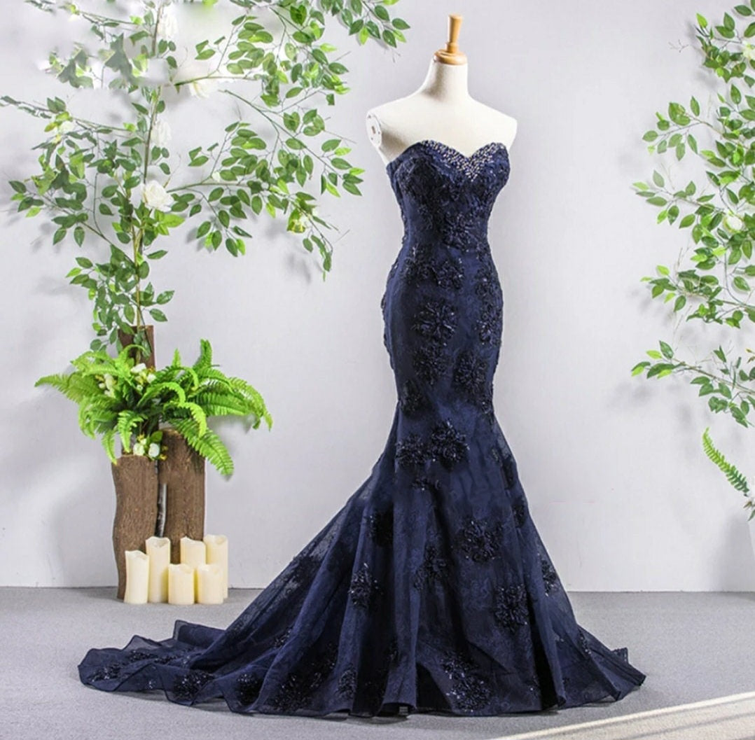 Crystal Beading & Appliqués Lace Mermaid Style Gown With Trailing Court Train