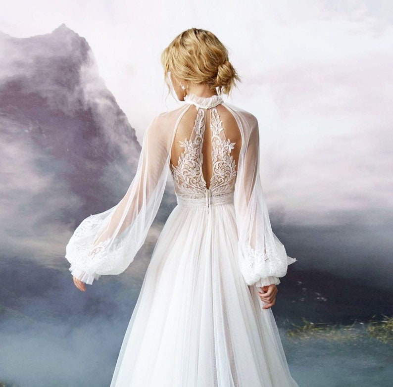 Detached Long Sleeve High Pearl Beaded Neck Bolero Sleeves