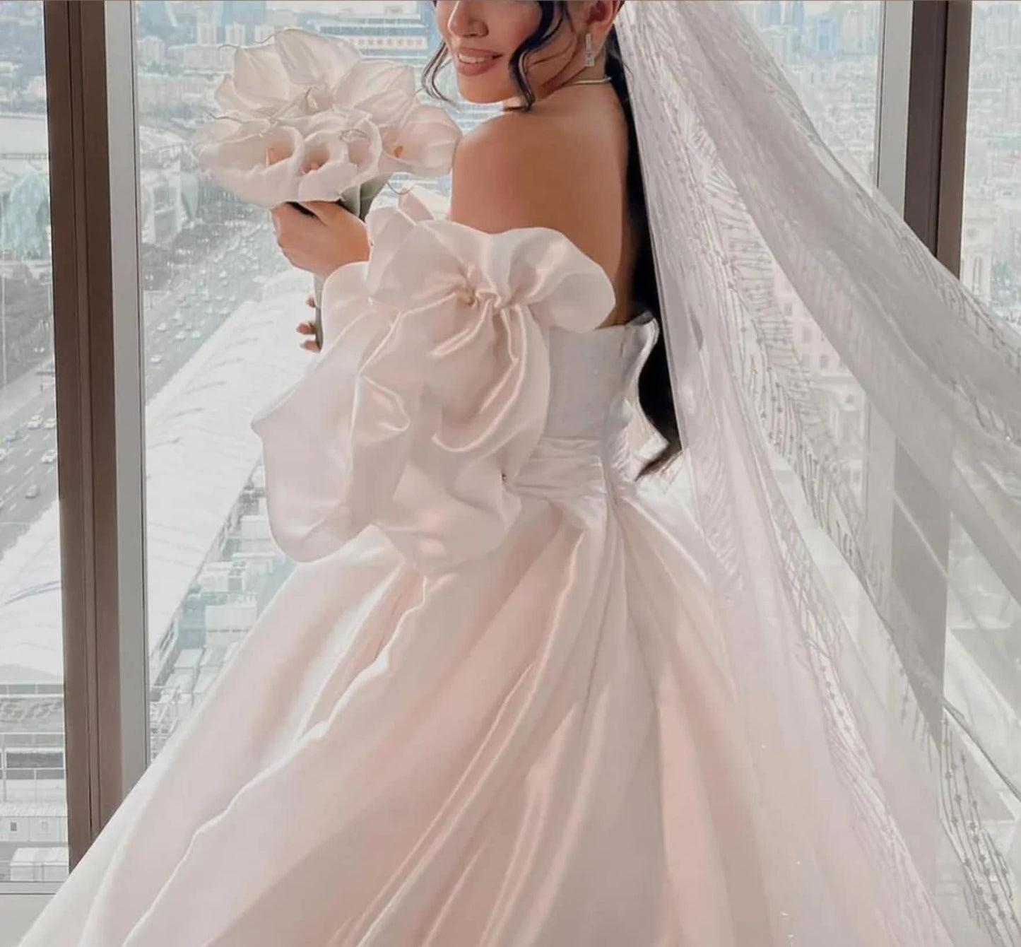 Detached Satin Cloud Puff Rhinestone Embellished Sleeves