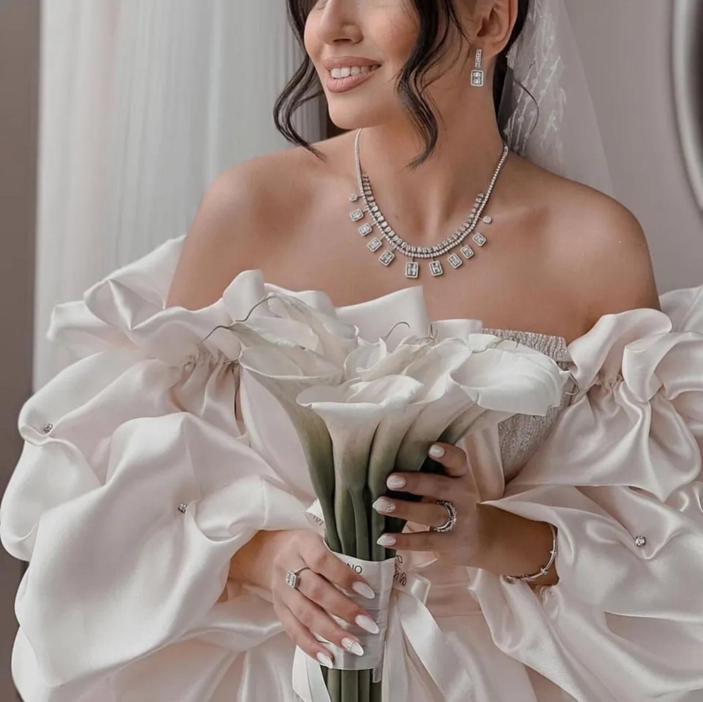 Detached Satin Cloud Puff Rhinestone Embellished Sleeves