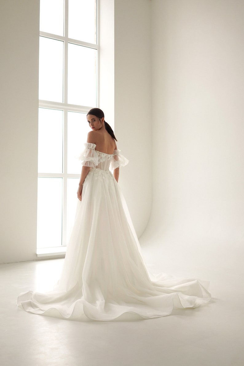 Sweeping Floral Sequin Appliqué Strapless Illusion Hollow Center Sheath Mini With A-Line Attached Overlay Gown And Detached Sleeves