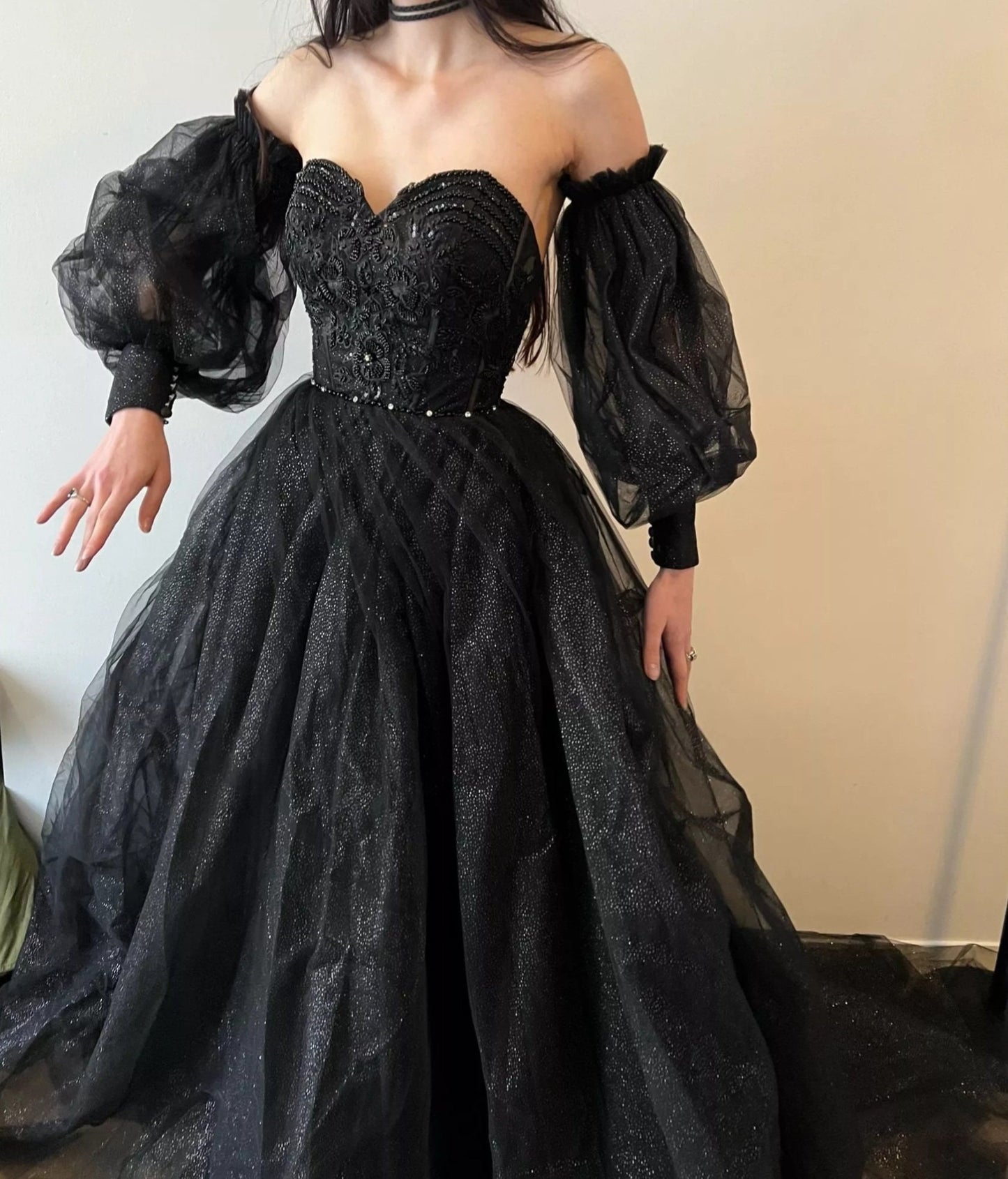 Detached Victorian Era Glitter Tulle Sleeves With Pearl Beaded Buttons
