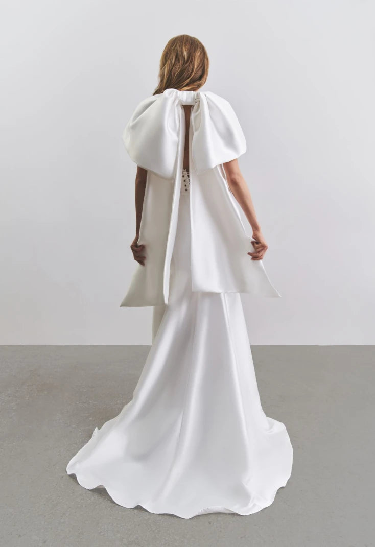 Sophisticated Mikado Fitted Bridal Gown With Pleated Sexy V-Neckline With Wide Straps, Decorated Small Pearl Beaded Bodice And Lush Back Big Bow Detail