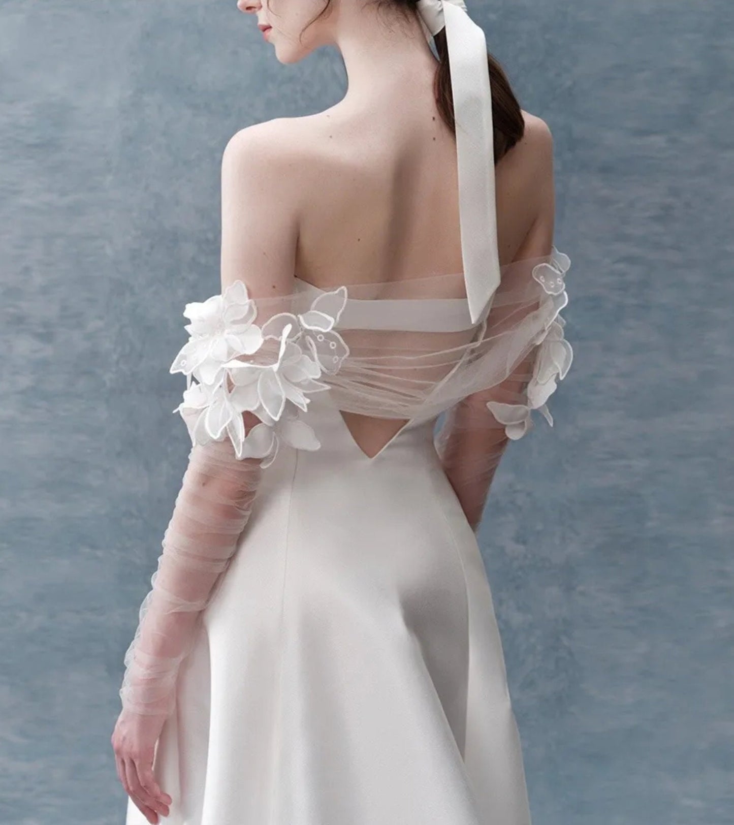 Detached Floral 3D Appliqués Sheer Fitted Bolero Sleeves