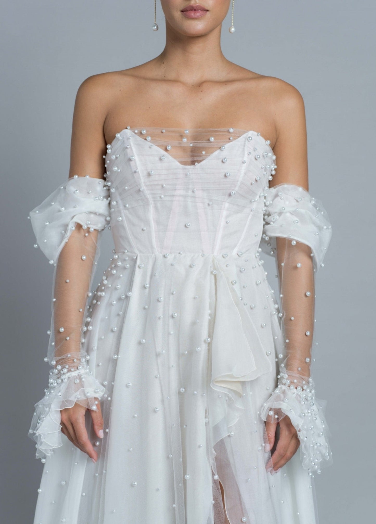 Detached 3/4 Elegant Pearl Beaded Sheer Draped Sleeves